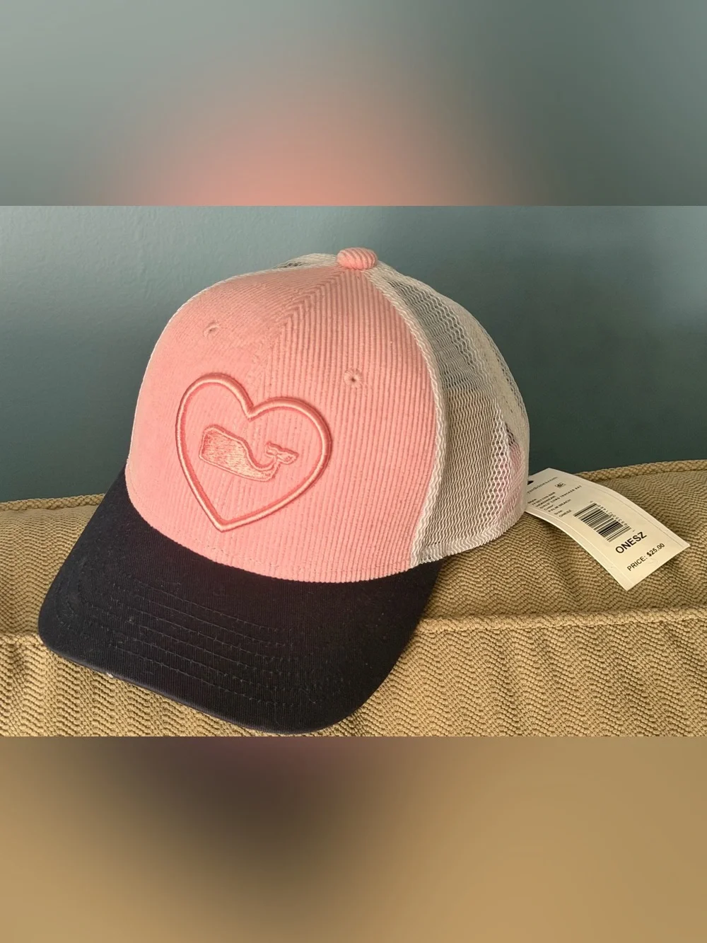 Girl’s Vineyard Vines Pink and Navy Kids Trucker Hat with Heart Whale Patch